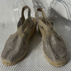 TONI PONS Sz 40 Sparkle Toe Cap Espadrille Wedge Sandals Elasticized Straps